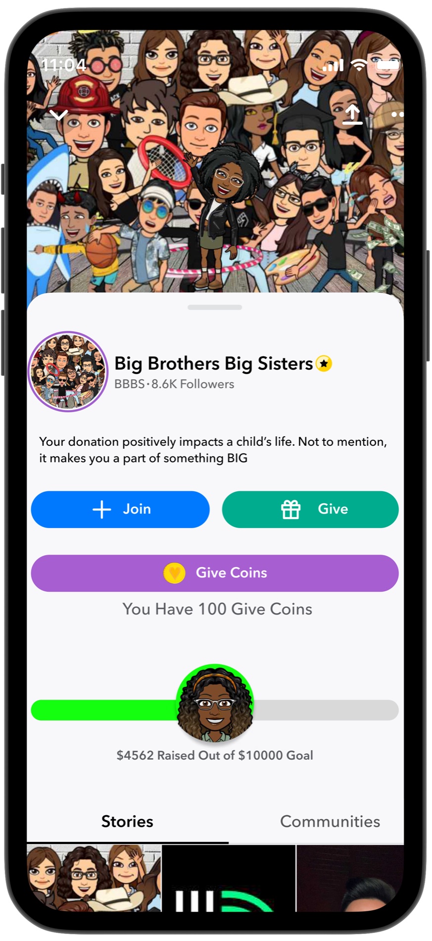 Give Fund landing page for a non-profit in Snapchat