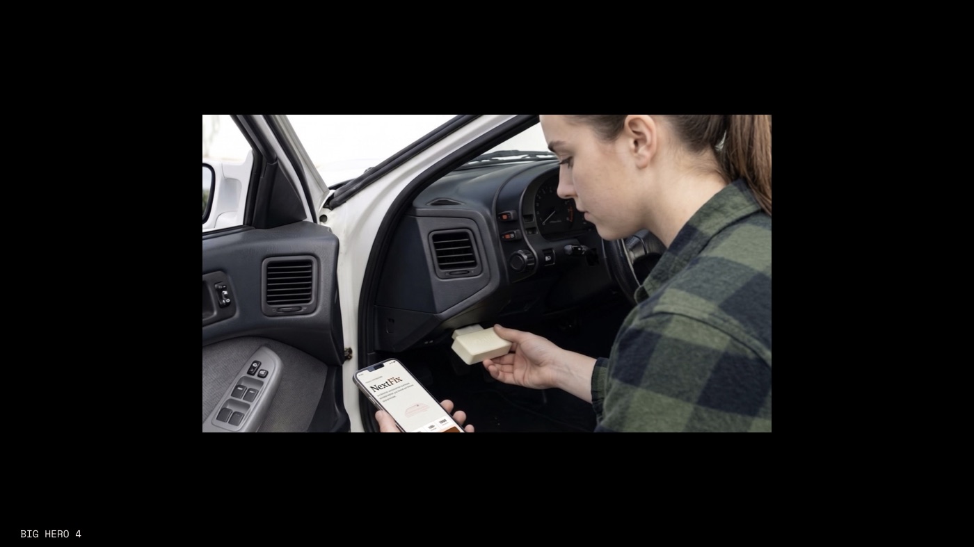 Person reading the NextFix app on a phone in front of a car with its hood open