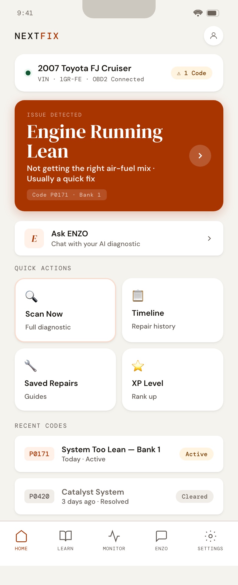 NextFix screen: Home