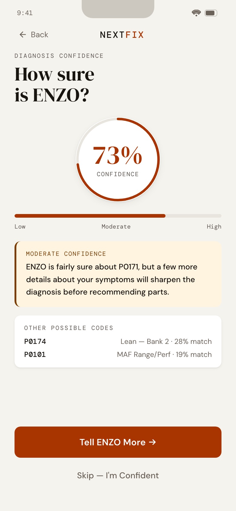 NextFix screen: Confidence
