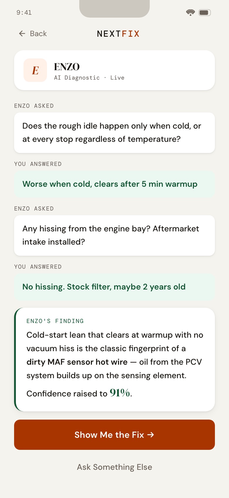 NextFix screen: ENZO asks