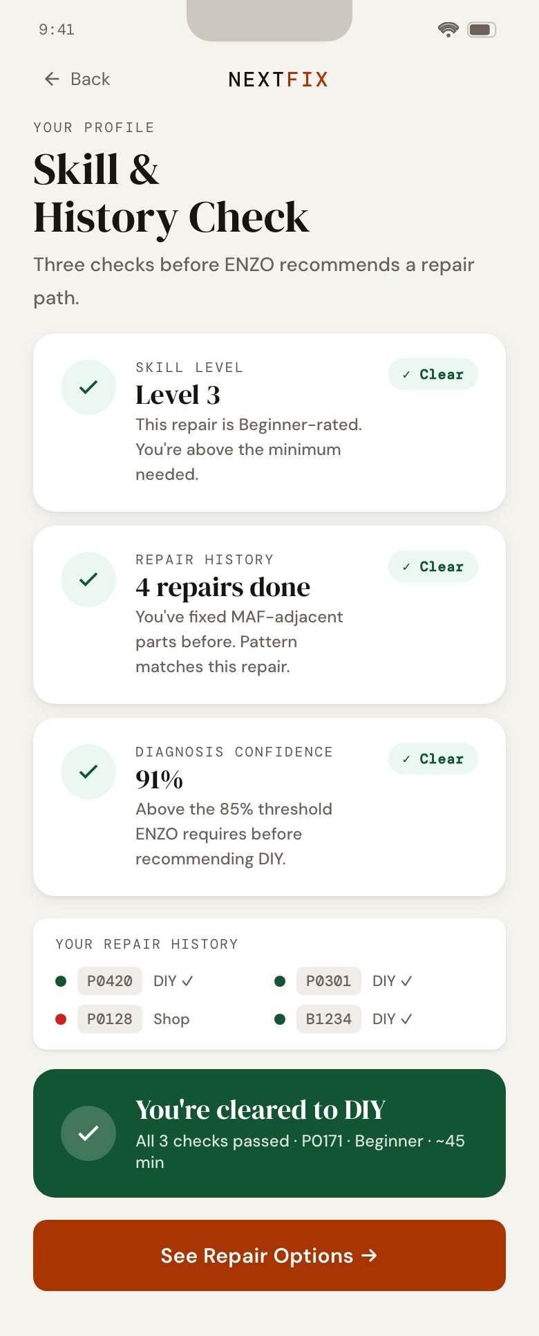 NextFix screen: Skill check