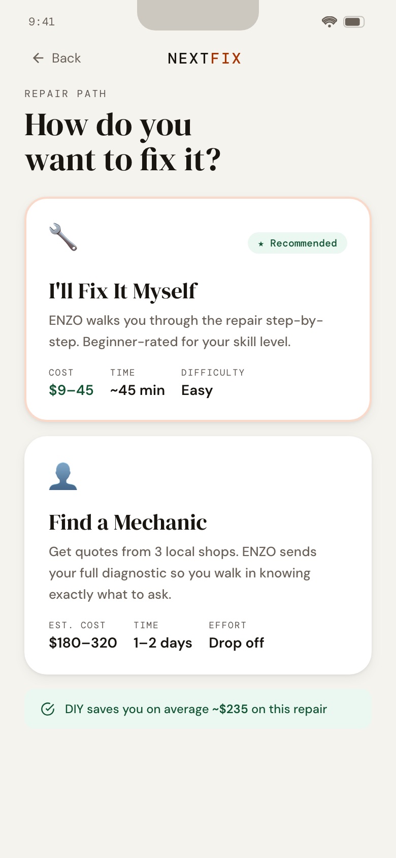 NextFix screen: Repair path