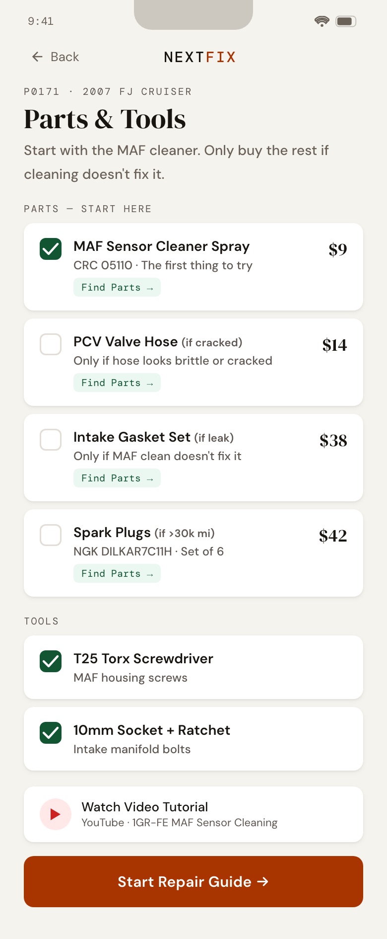NextFix screen: Parts & tools
