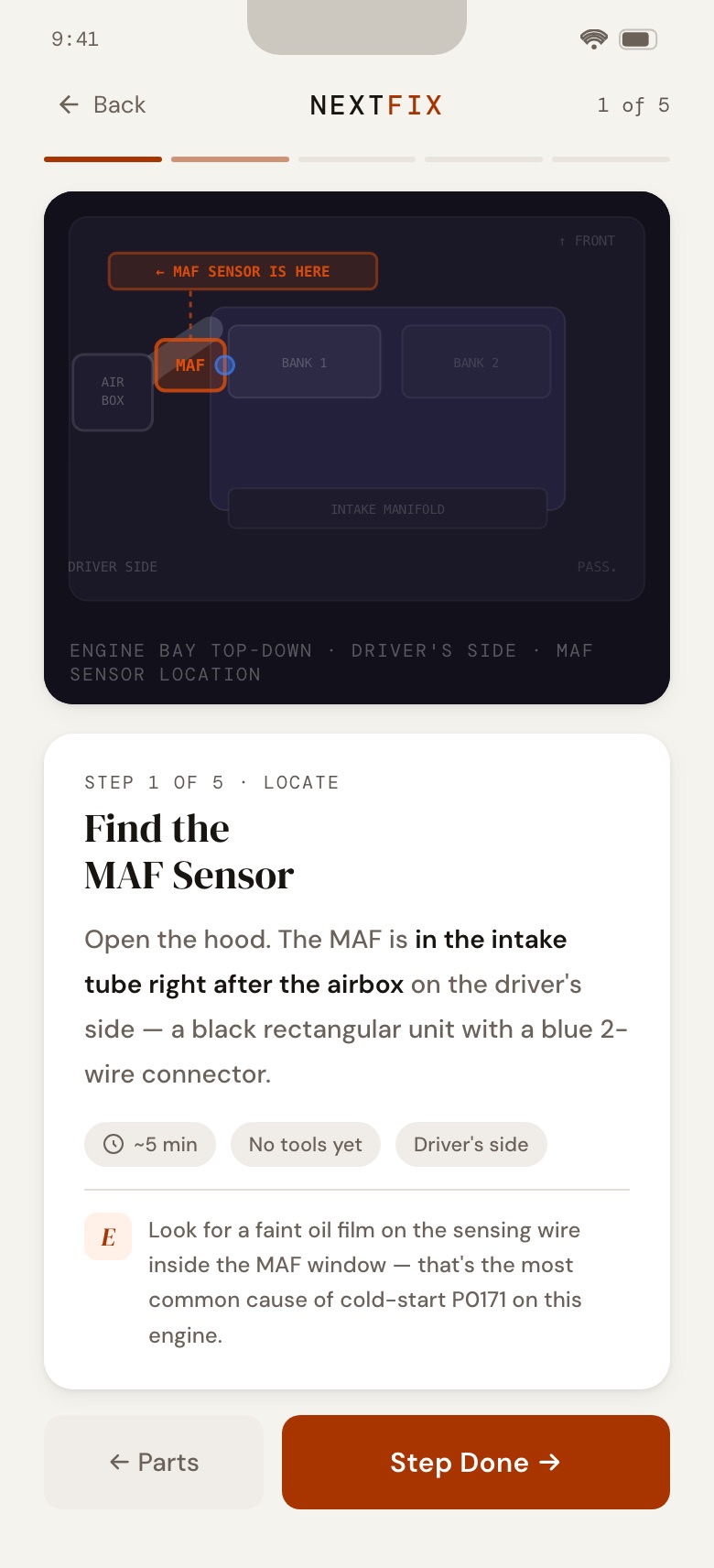NextFix screen: Guide, step 1