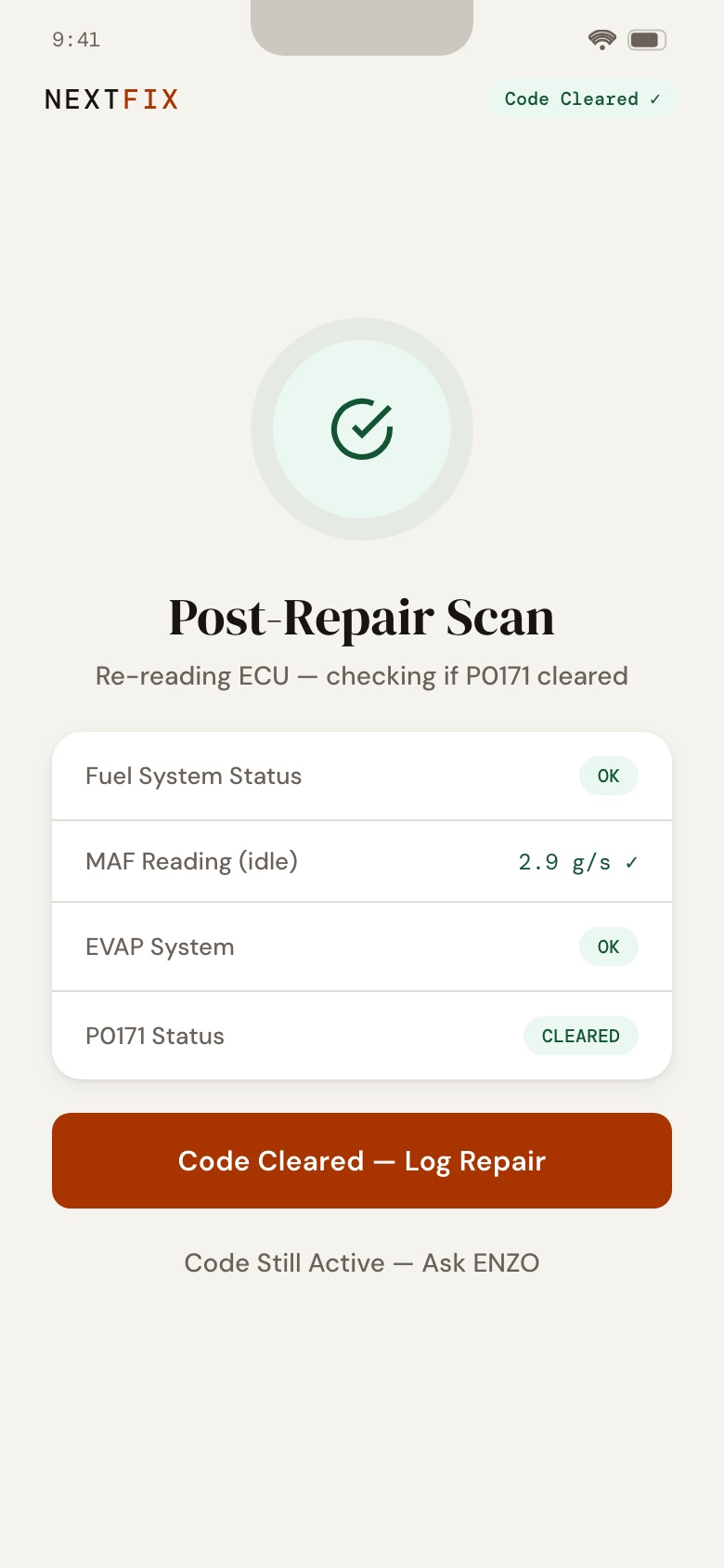 NextFix screen: Post-repair scan