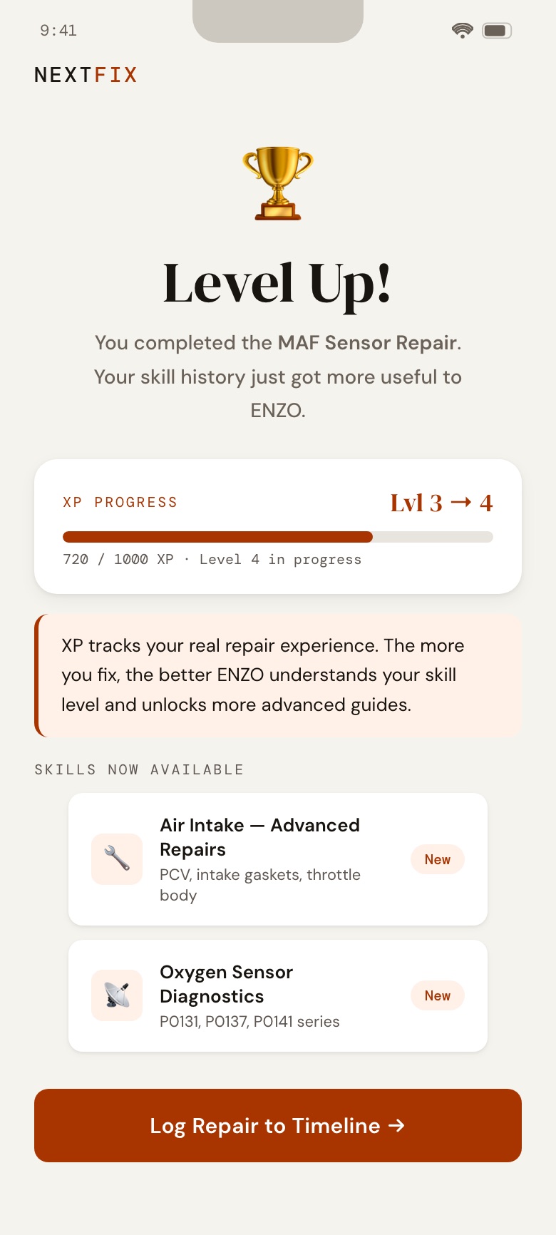 NextFix screen: Level up