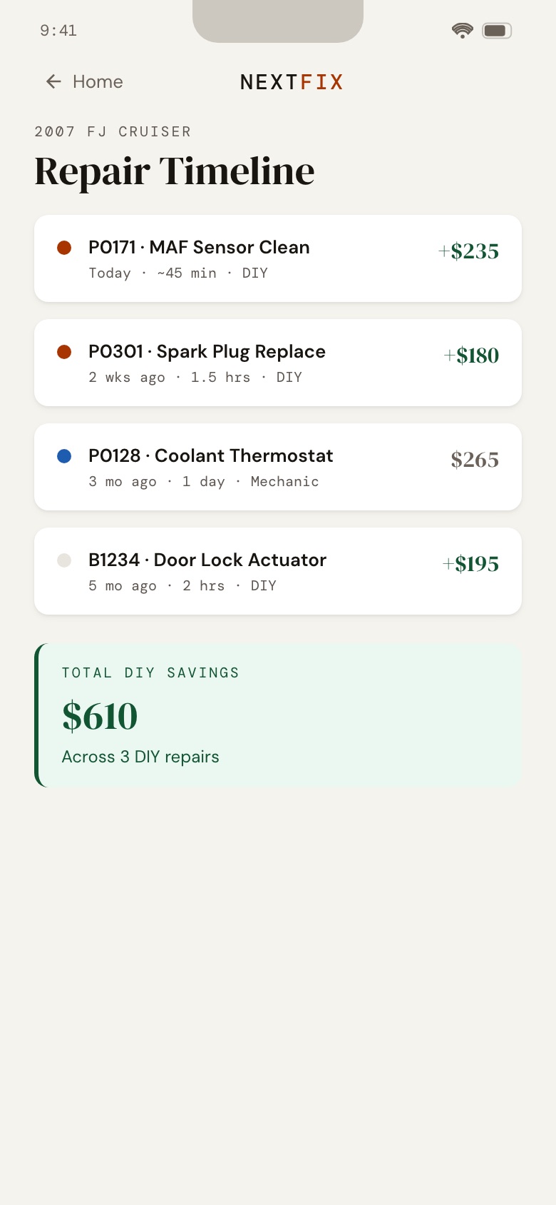 NextFix screen: Repair timeline