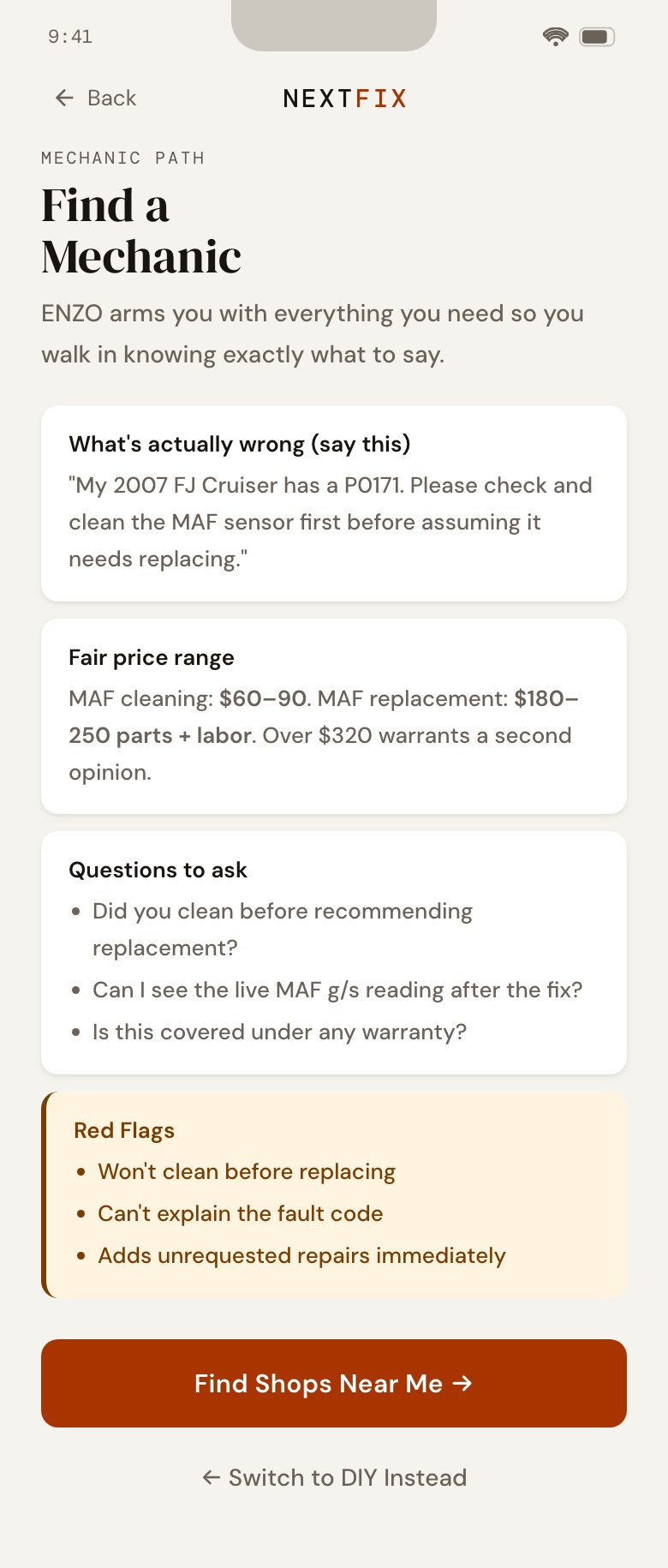 NextFix screen: Find a mechanic