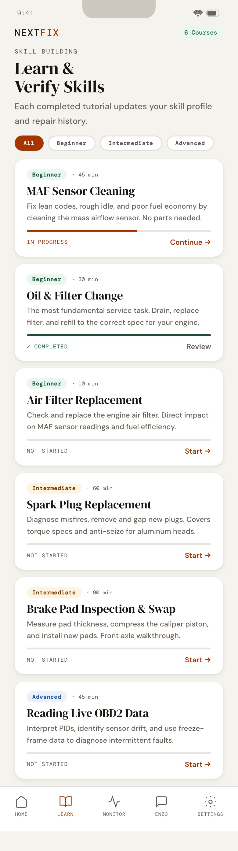NextFix screen: Learn
