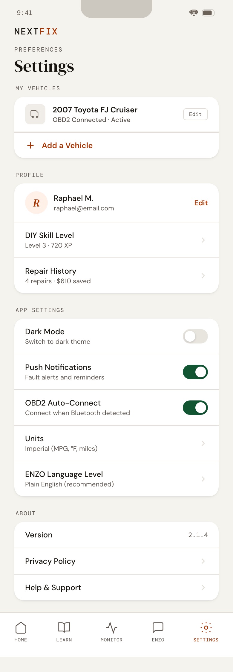 NextFix screen: Settings