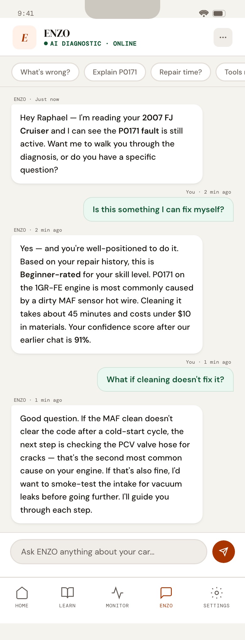 NextFix screen: ENZO chat