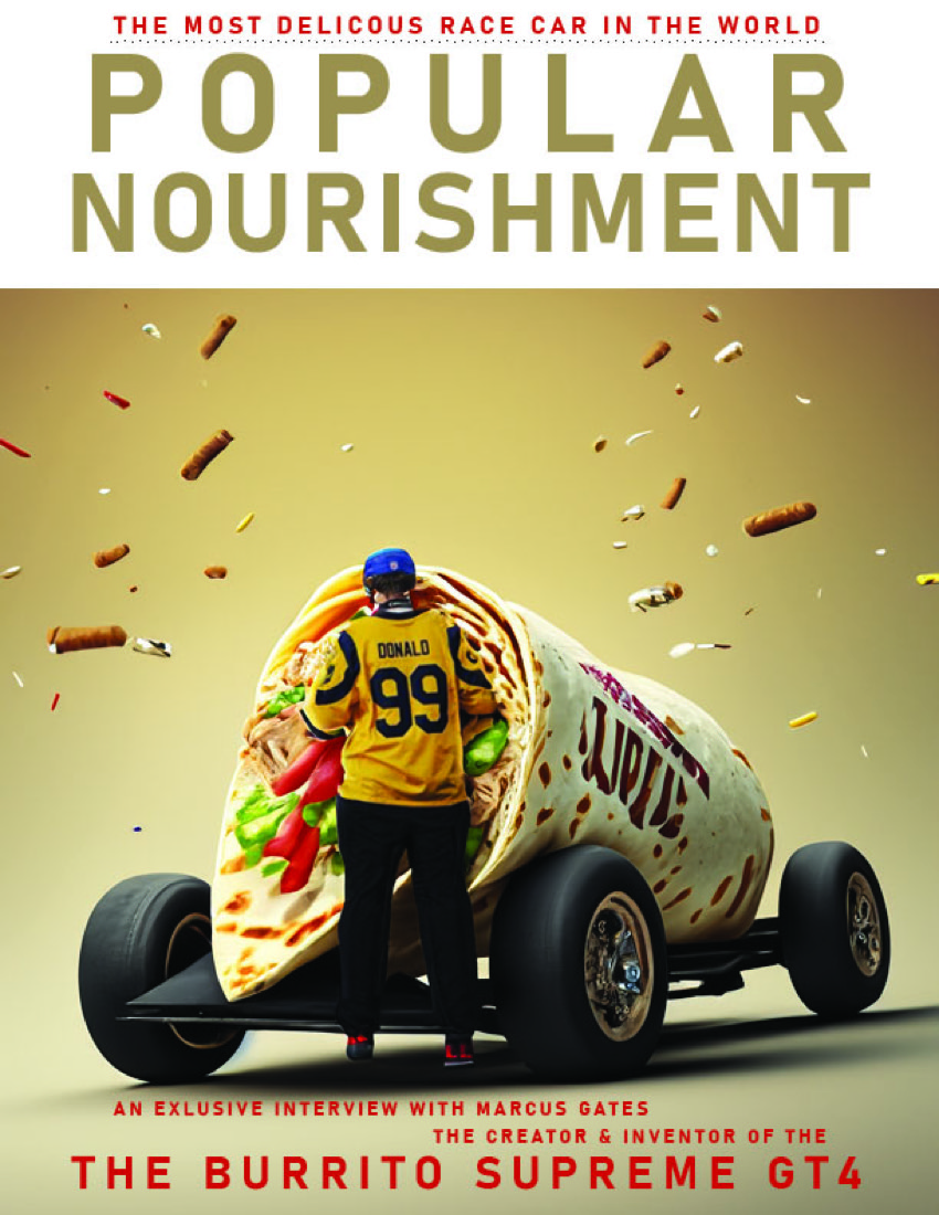 Popular Nourishment magazine cover with a burrito race car