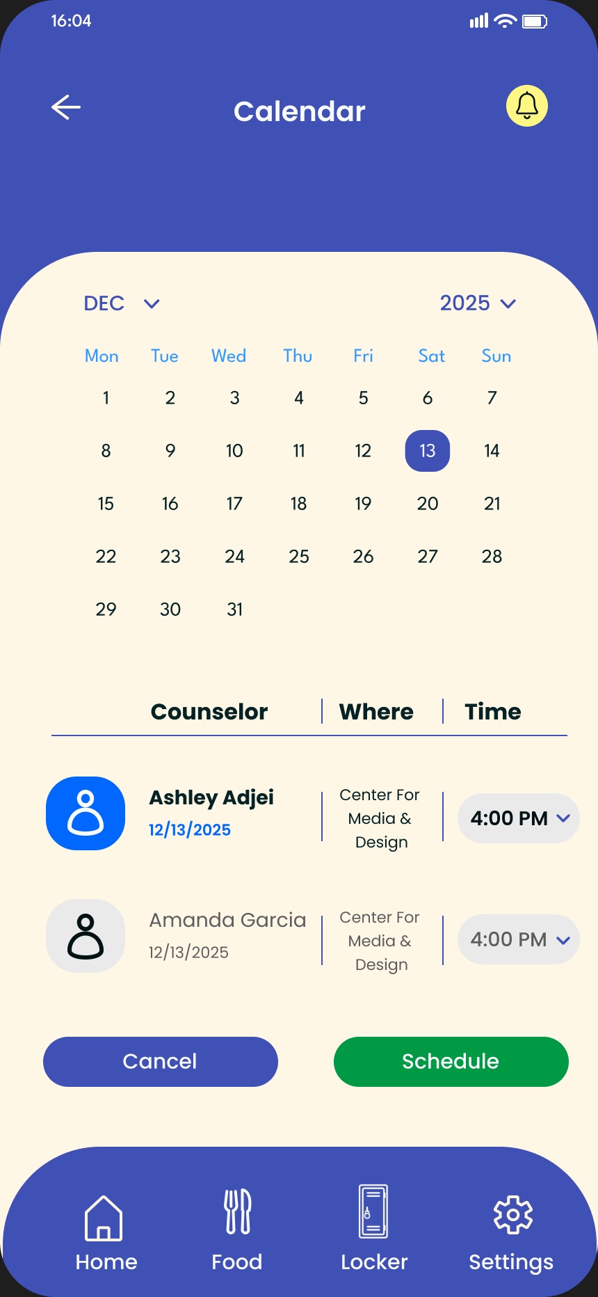 Counselors and times