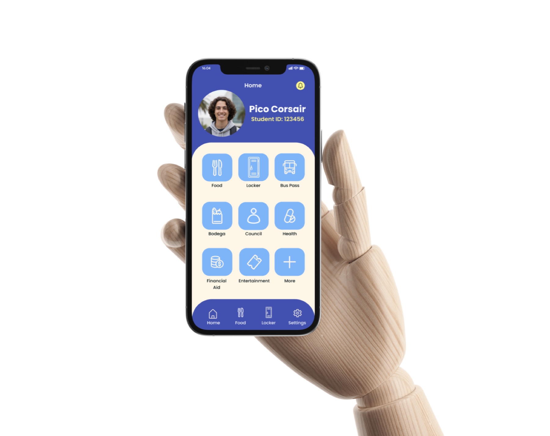 SMC Station home screen on a phone held by a wooden hand