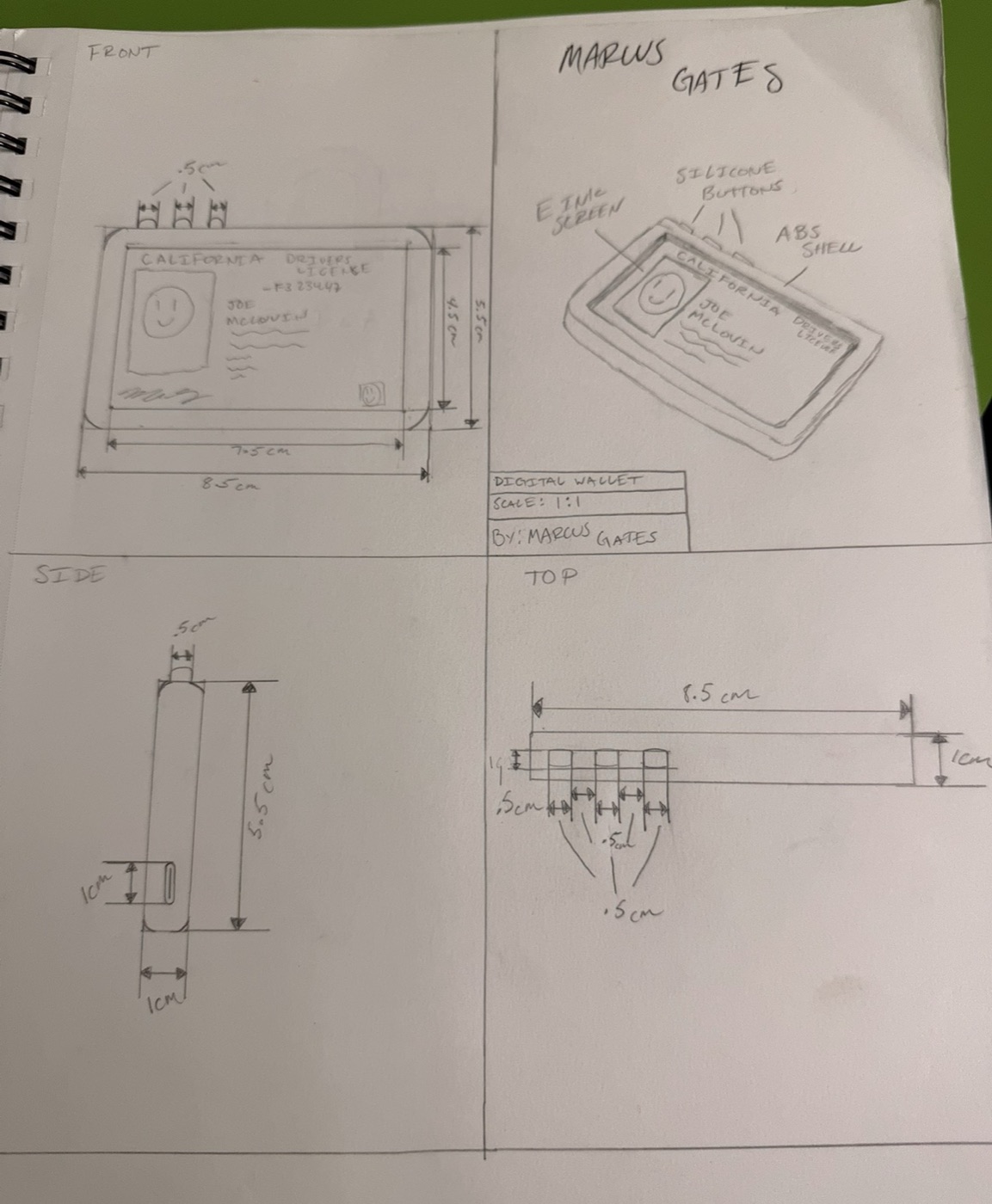 Hand-drawn orthographic sheet of the digital wallet with dimensions